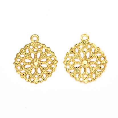 Flat Round Iron Flower Filigree Findings Charms Pendants, 15x13x0.5mm, Hole: 1mm