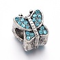 Antique Silver Plated Alloy European Beads, with Rhinestone, Large Hole Beads, Butterfly