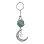 Nuggets Natural Gemstone Keychains, with Brass Macrame Pouch Stone Holder and Alloy Moon Pendant