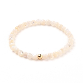 Natural White Shell Mother of Pearl Shell Stretch Beaded Bracelets, with Golden Plated Brass Beads, Round
