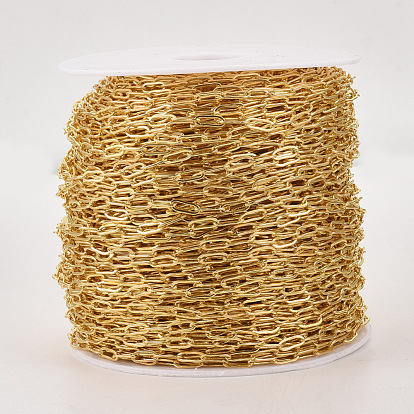 Brass Paperclip Chains, Flat Oval, Drawn Elongated Cable Chains, Soldered, with Spool, Cadmium Free & Lead Free