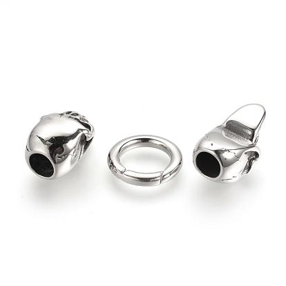 304 Stainless Steel Spring Gate Rings, O Rings, with Two Cord End Caps, Skull