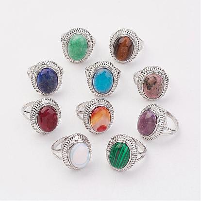 Gemstone Finger Rings, with Brass Ring Finding, Platinum, Oval