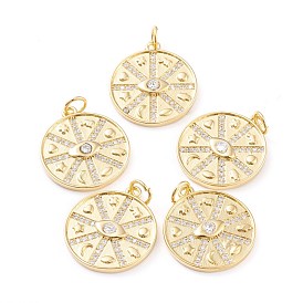 Brass Micro Pave Clear Cubic Zirconia Pendants, with Jump Rings, Long-Lasting Plated, Flat Round, Real 18K Gold Plated
