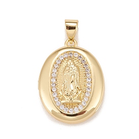 Brass Micro Pave Cubic Zirconia Locket Pendants, Photo Frame Charms for Necklaces, Real 18K Gold Plated, Lead Free & Cadmium Free, Oval with Saint