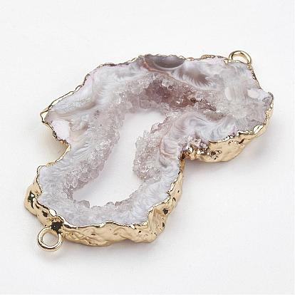 Natural Geode Agate Links Connectors, with Brass Findings, Nuggets