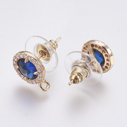 Faceted Glass Stud Earring Findings, with Loop, Brass Micro Pave Cubic Zirconia Findings, Flat Round