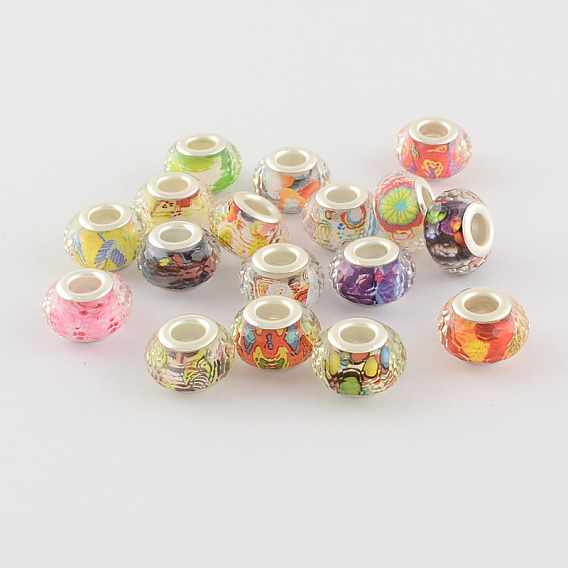 Large Hole Printed Resin European Beads, with Silver Color Plated Brass Double Cores, Faceted Rondelle, 14x9mm, Hole: 5mm