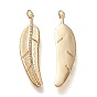 Brass Micro Pave Clear Cubic Zirconia Pendants, Long-Lasting Plated, Feather