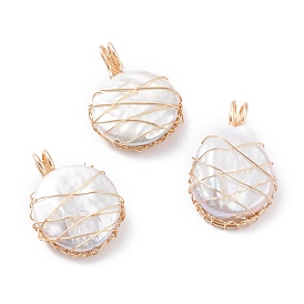 Natural Baroque Pearl Keshi Pearl Pendants, with Real 18K Gold Plated Eco-Friendly Copper Wire, Flat Round