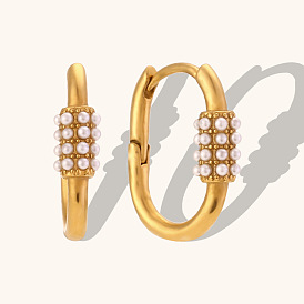 Minimalist Luxury Pearl Cylinder Earrings for Women in Gold Stainless Steel U-Shape