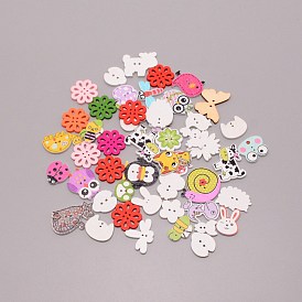 2-Hole Cartoon Animal Assorted Design Wood Printing Sewing Buttons, for Crafting DIY Sewing