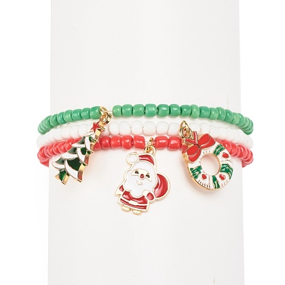 3Pcs 3 Style Glass Seed Stretch Bracelets Set, Christmas Tree & Santa Claus & Wreath Alloy Charm Bracelets with Enamel for Women