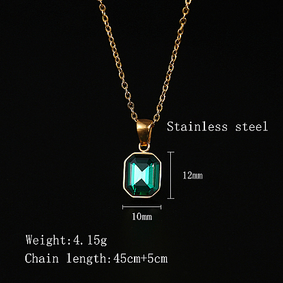 Glass Rectangle Pendant Necklace with Golden Stainless Steel Chains