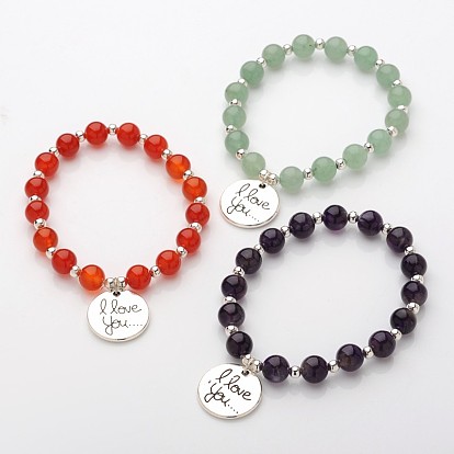 Rond et plat avec i vous aime pierre naturelle bracelets de perles, avec des pendentifs en alliage de style tibétain, 52mm