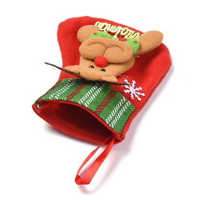 Tela colgando calcetín de navidad, bolsa de regalo de dulces, para la decoración del árbol de navidad, reno navideño / ciervo / ciervo con palabra feliz navidad