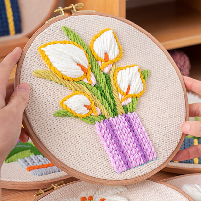 Rose/Lily/Narcissus Flower Pattern DIY 3D Yarn Embroidery Painting Kits for Beginners, Including Instructions, Printed Cotton Fabric, Embroidery Thread & Needles, Round Embroidery Hoop