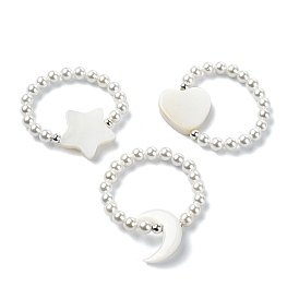 3 pcs 3 ensemble de bagues extensibles en perles naturelles et coquillages, bagues empilables coeur & lune & étoile
