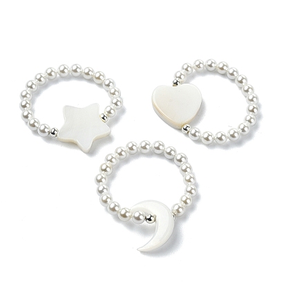 3Pcs 3 Style Natural Pearl & Shell Beaded Stretch Rings Set, Heart & Moon & Star Stackable Rings