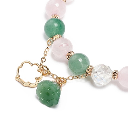 Bracelet extensible en perles de quartz rose naturel et aventurine verte naturelle et cristal de quartz, Bracelet à breloques en forme de motte de bon augure et de gousse de lotus en coquillage naturel pour femme