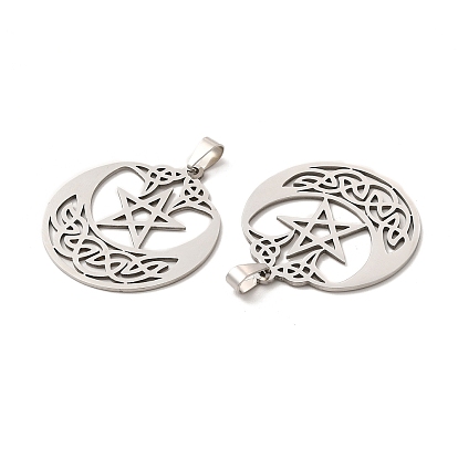 201 Stainless Steel Pendants, Hollow, Flat Round with Trinity Knot & Star Charm