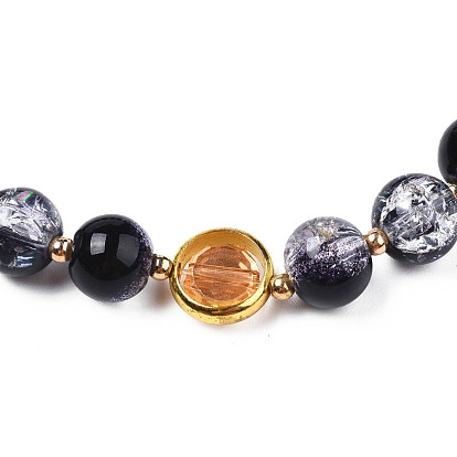 Pulsera elástica redonda con cuentas de cristal y anillo de latón chapado en oro para mujer.