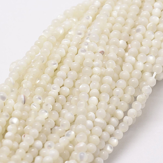 Perles naturelles de coquillages blancs, brins de perles en nacre, ronde