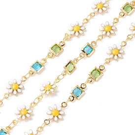 Enamel Flower & Glass Square Link Chains, with Real 18K Gold Plated Brass Findings, Soldered, with Spools, Cadmium Free & Lead Free