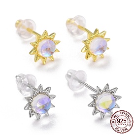 925 Sterling Silver Sunflower Stud Earring Findings, Clear Moonstone Dainty Earrings for Girl Women