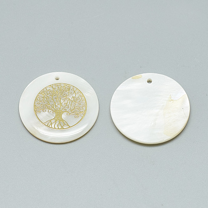 Freshwater Shell Pendants, Covered with Iron Findings, Flat Round with Mixed Shape Pattern