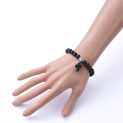 Étirer bracelets de charme, avec des perles synthétiques turquoise(teintes), bélières en alliage de style tibétain, croix
