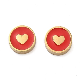 304 Stainless Steel Enamel Beads, Real 14K Gold Plated, Flat Round with Heart