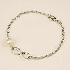 Style tibétain de mode de liaison de l'infini bracelets, chaînes de fer avec la classe une des perles de nacre et alliage fermoirs pince de homard, 200mm