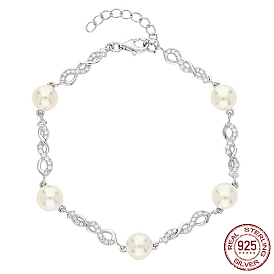 Bracelets à maillons en argent sterling plaqué rhodium avec micro pavé de zircone cubique, bracelets de perles rondes naturelles pour femmes