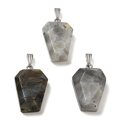 Natural Gemstone Pendants, Faceted Hexagon Charms with Rack Plating Stainless Steel Color Plated 201 Stainless Steel Snap on Bails, Cadmium Free & Lead Free