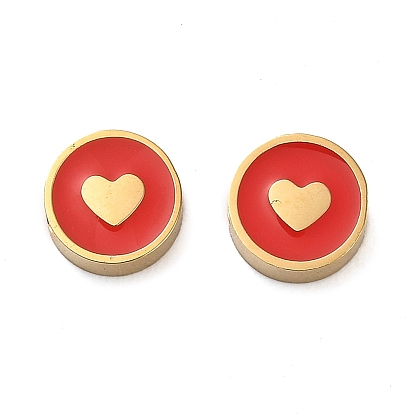 304 Stainless Steel Enamel Beads, Real 14K Gold Plated, Flat Round with Heart