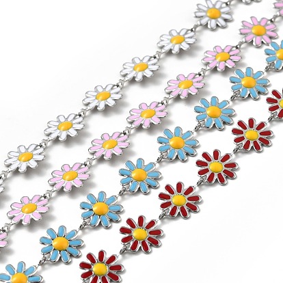 304 Stainless Steel Flower Link Chains, with Enamel, Soldered, with Spool