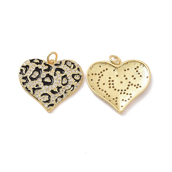 Heart with Leopard Print Pattern Brass Micro Pave Clear Cubic Zirconia Charms, with Jump Rings and Enamel, Cadmium Free & Nickel Free & Lead Free