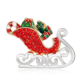 Christmas Sleigh Enamel Pin with Rhinestone, Alloy Brooch for Backpack Clothes
