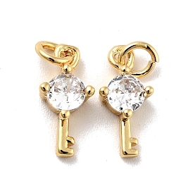 Rack Plating Brass Micro Pave Clear Cubic Zirconia Charms, Long-Lasting Plated, Lead Free & Cadmium Free, Key