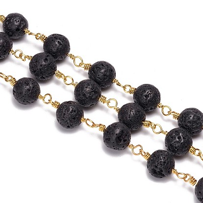Handmade Natural Lava Rock Beaded Chains, Unwelded, with Brass Findings, with Spool, Round