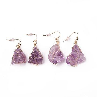 Natural Gemstone Dangle Earrings, with Brass Findings and Plastic Ear Nuts, Nuggets