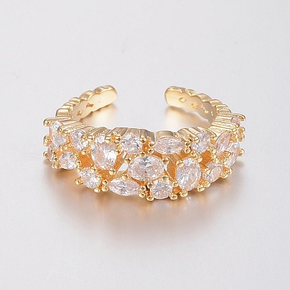 Adjustable Brass Micro Pave Clear Cubic Zirconia Finger Rings, Cuff Rings