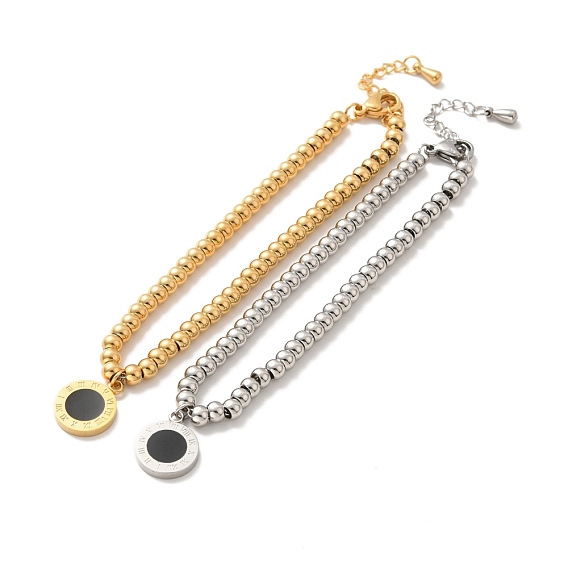304 bracelet à breloques rondes plates en chiffres romains en acier inoxydable avec émail, 201 bracelet perles rondes en acier inoxydable pour femme