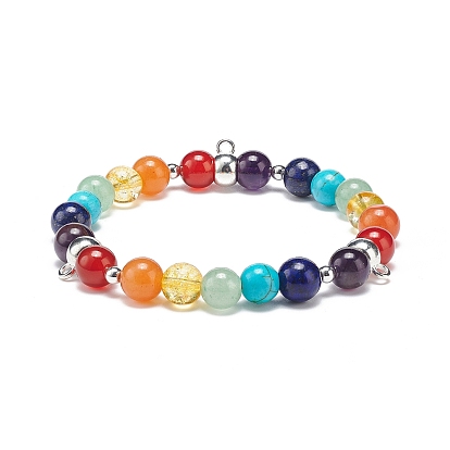 5Pcs 5 Style Natural & Synthetic Mixed Gemstone Round Beaded Stretch Bracelets Set with Alloy Tube Bails, Chakra Yoga Theme Stackable Bracelets for Women