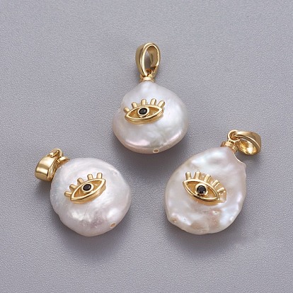 Pendentifs de perles d'eau douce de culture naturelle, avec accessoires zircon cubique micro pave en laiton, pépites avec mauvais œil, plaqué longue durée, or