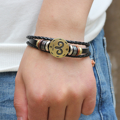 Bracelet en cuir tressé bracelets multi brins rétro, avec des perles en bois  , perles d'hématite et résultats d'alliage, plat rond avec constellation, bronze antique