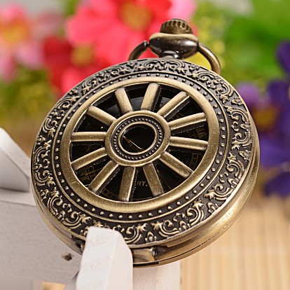 Reloj de bolsillo pendiente de la aleación, plano y redondo que se puede abrir, relojes de cuarzo, con cadena de hierro, 360 mm, ver: 59x47x14mm