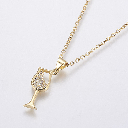 Stainless Steel Pendant Necklaces, with Brass Micro Pave Cubic Zirconia Pendants, Wine Glass