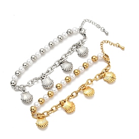 201 bracelet à breloques en forme de coquillage en acier inoxydable, bracelet en perles de plastique avec 304 chaînes de câbles en acier inoxydable pour femmes